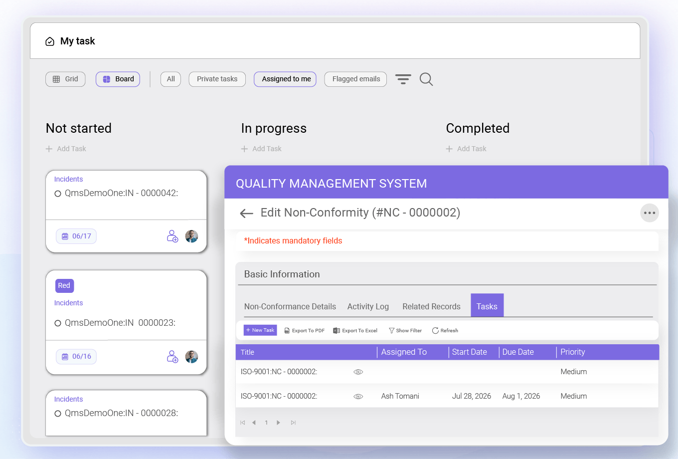 QCFlo automated task management for cosmetics quality actions, deadlines, reminders, and overdue escalations