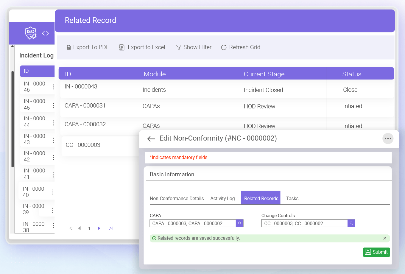 QCFlo connected quality records linking risks, changes, inspections, complaints, nonconformances, and CAPAs