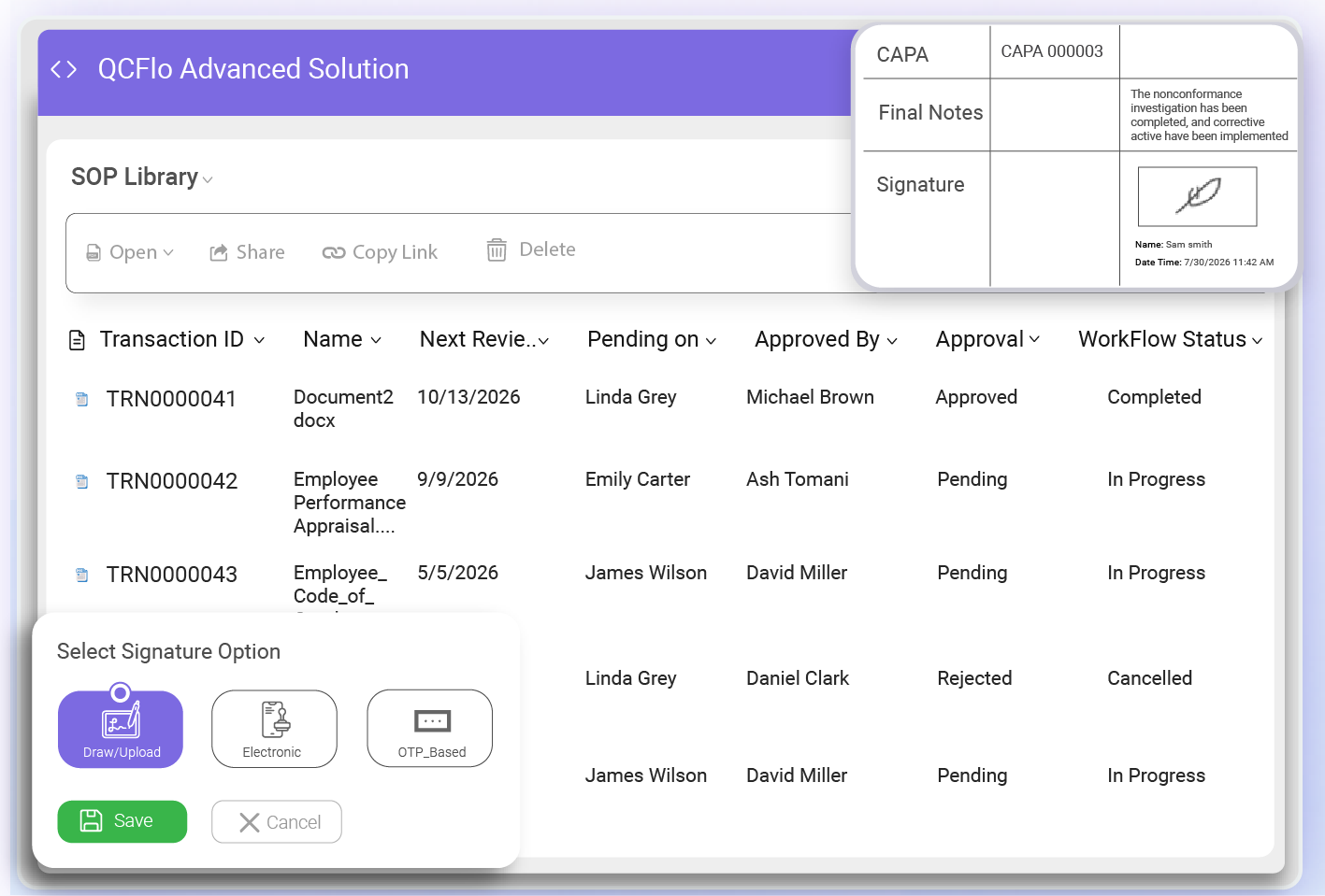QCFlo digital signatures and activity logs for traceable cosmetics quality approvals and user actions