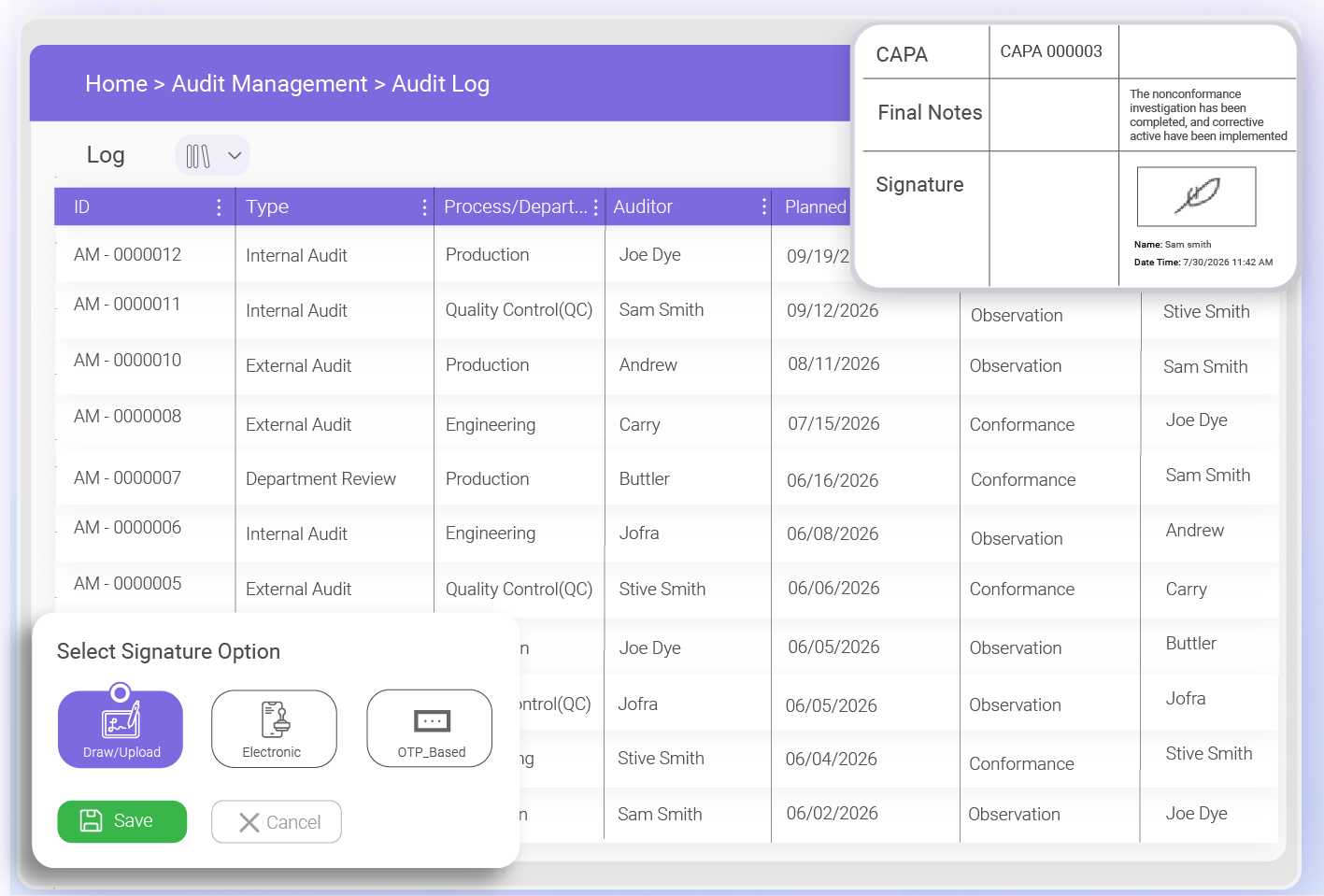 QCFlo electronic signatures and audit trails for medical device quality approvals and time-stamped record histories