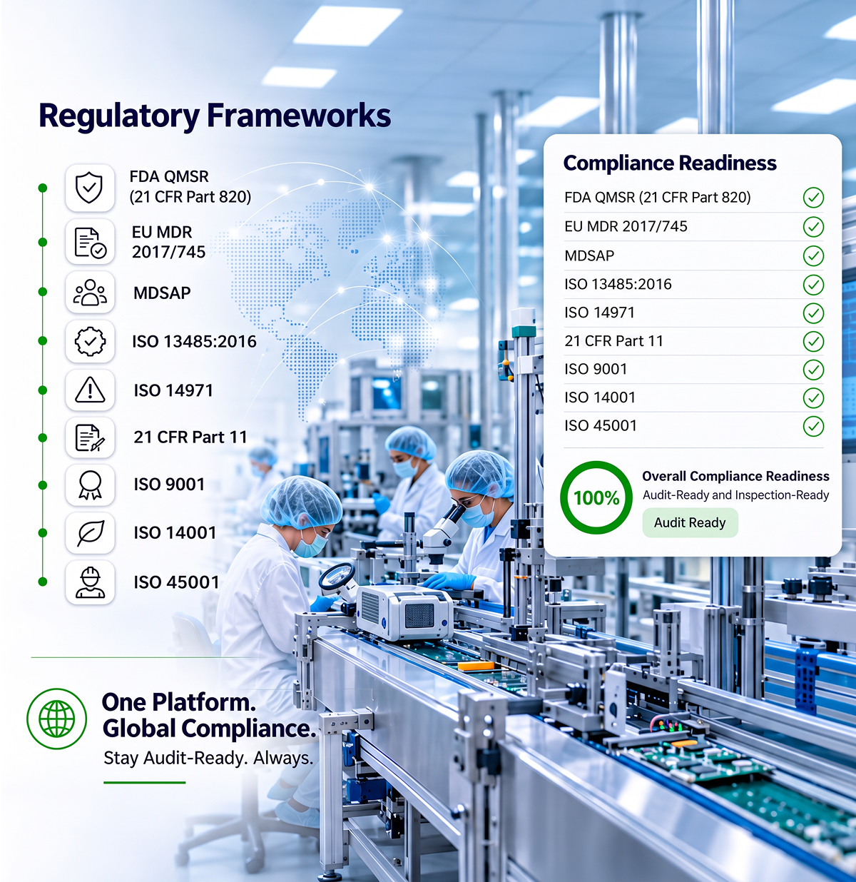Configure QCFlo around the standards, regulations, and audit programs relevant to your medical devices, quality system, and intended markets.