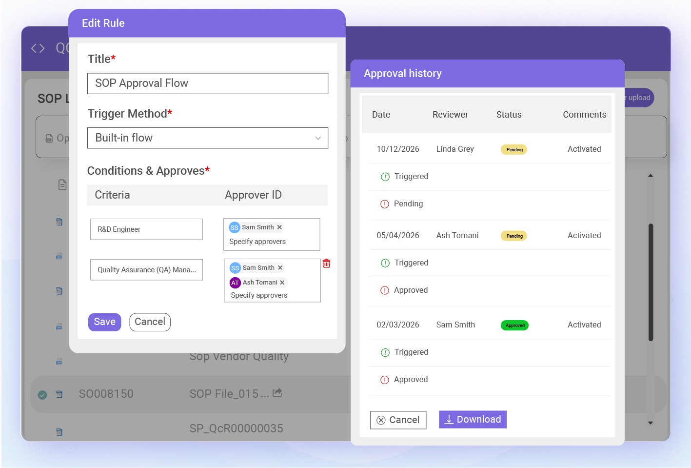QCFlo structured review and approval workflows for medical device quality records, decisions, comments, and audit trails